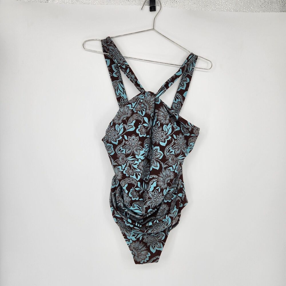 Boden 12R Hot Chocolate Elegant‎ Blossom Pleated Strap Cross Swimsuit NWT